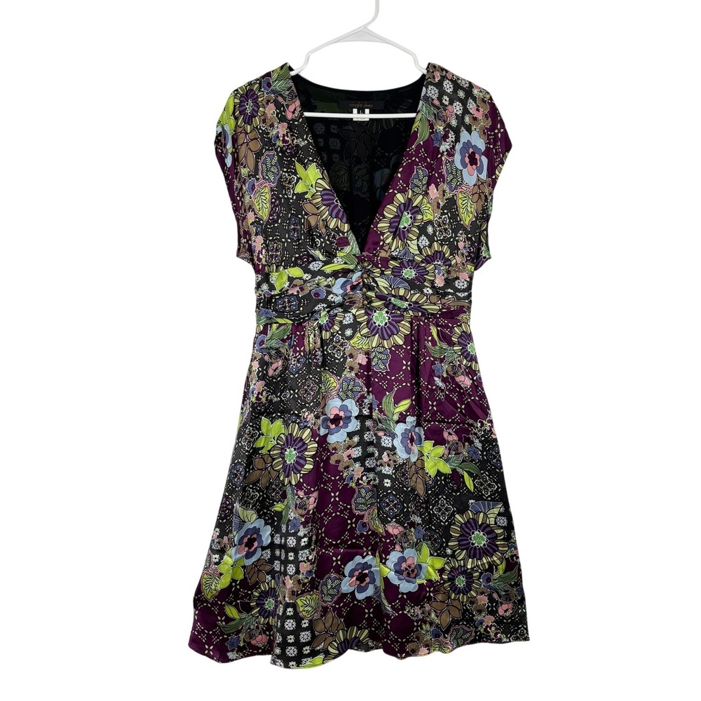 Vintage Silk Floral Mini Dress Women LRG Purple Boho V-Neck Retro Smocked Waist